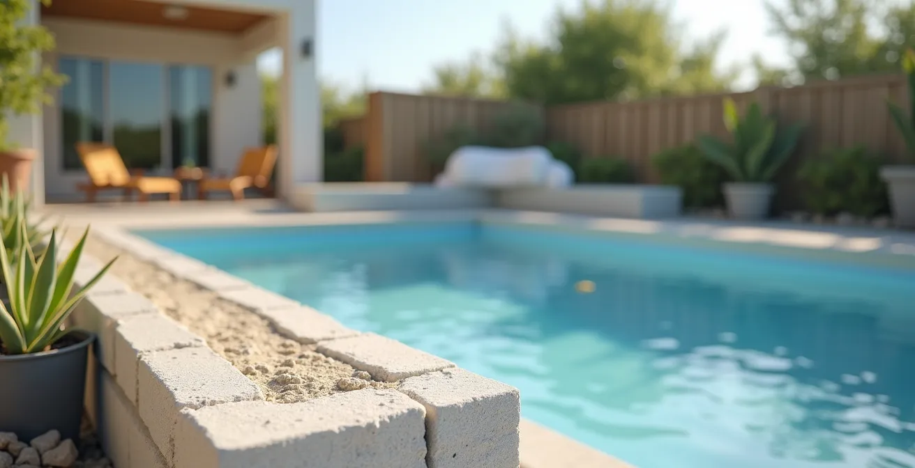 Vue environnementale minimaliste d’un chantier piscine kit bloc polystyrène en plein jardin avec équipement de chantier visibles