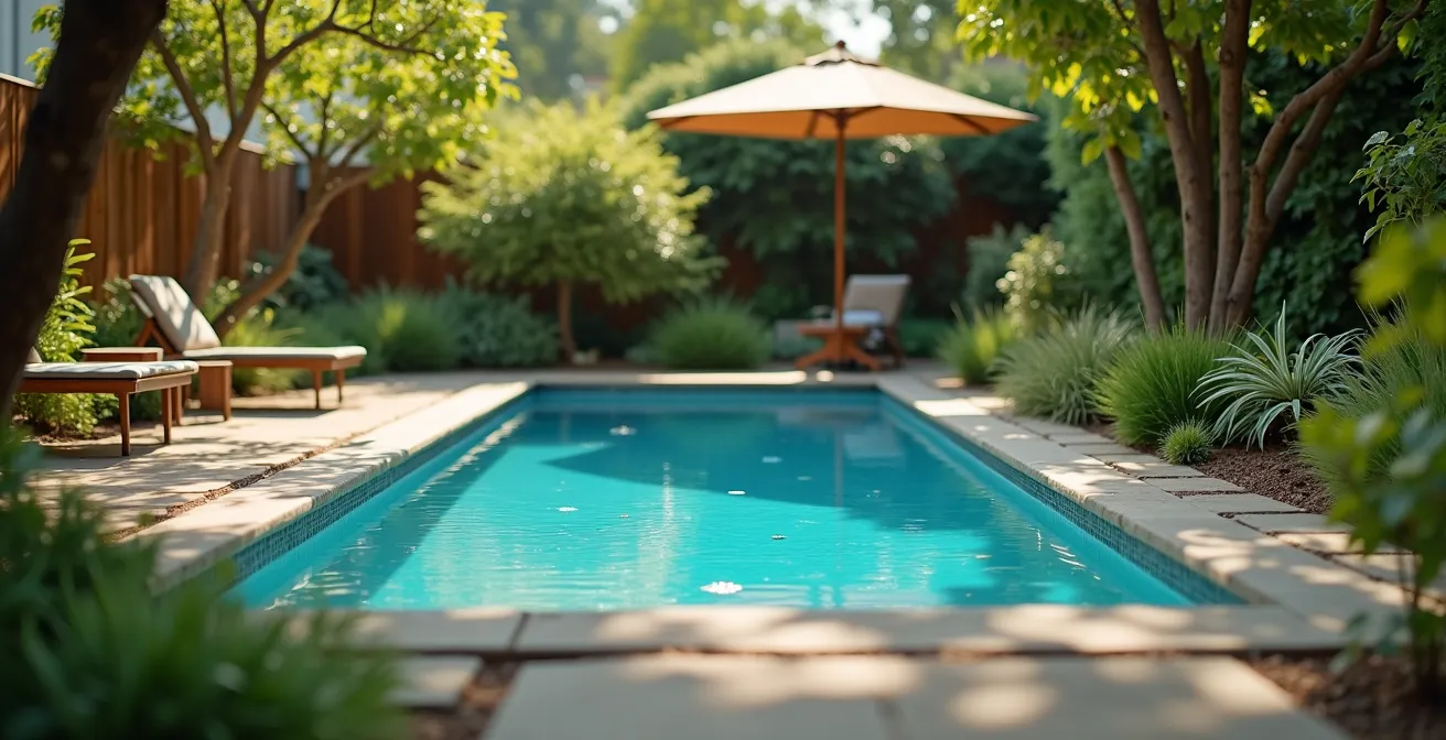 Piscine en kit s’intégrant harmonieusement dans un jardin paysager contemporain, lumière naturelle douce